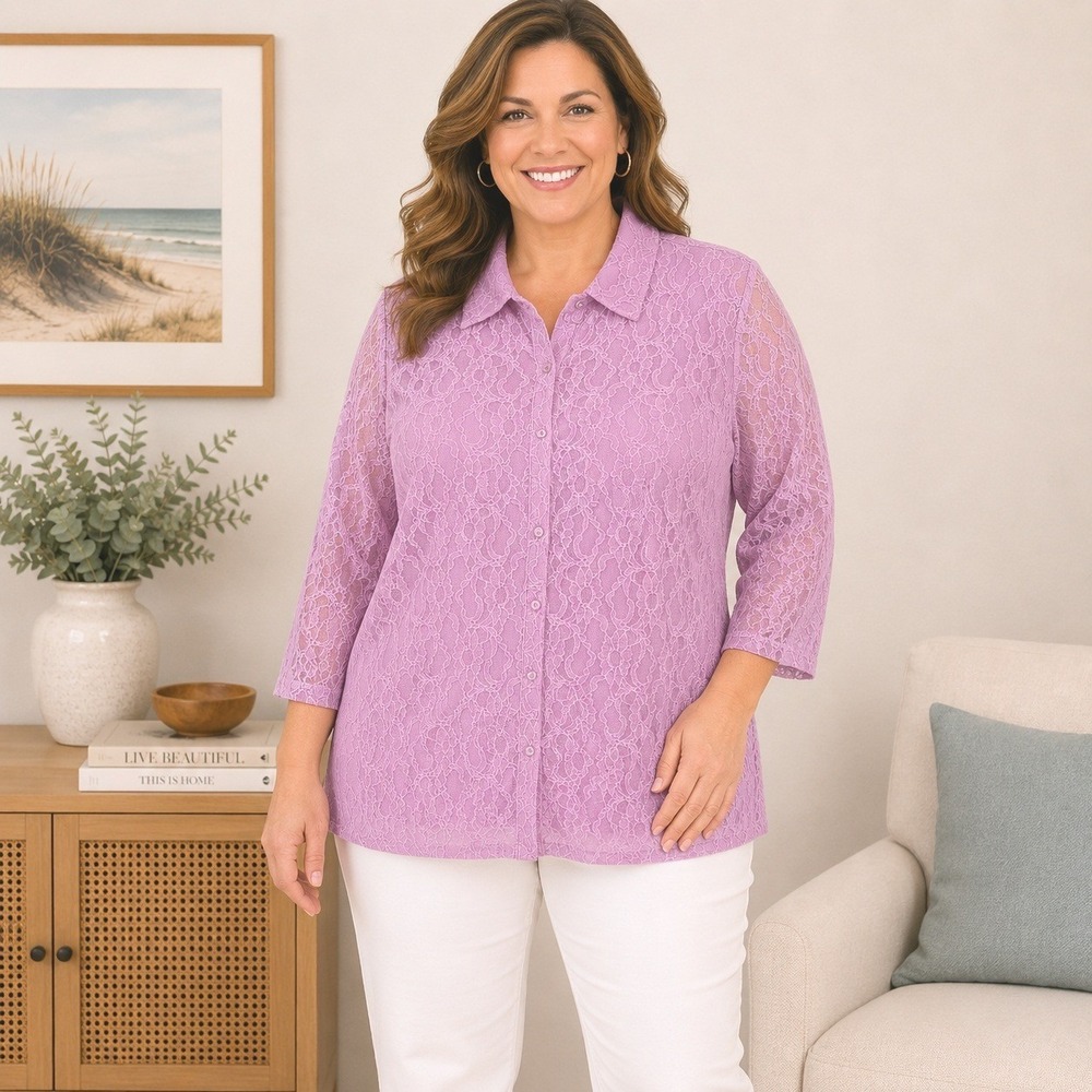 Style & Co Woman Sz 2X Lilac Floral Lace Button Front Blouse Sheer Coquette